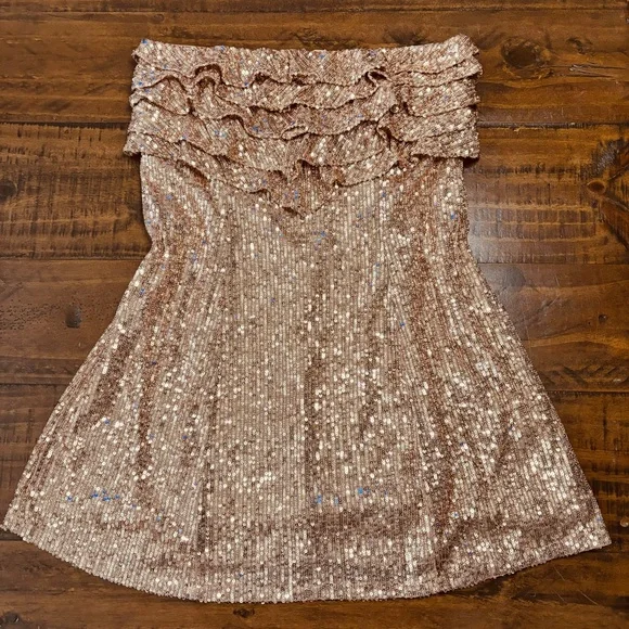 🥂Free People New Frida Ruffle Mini Dress Sequined Bronze 6 Cocktail Party - Picture 2 of 13